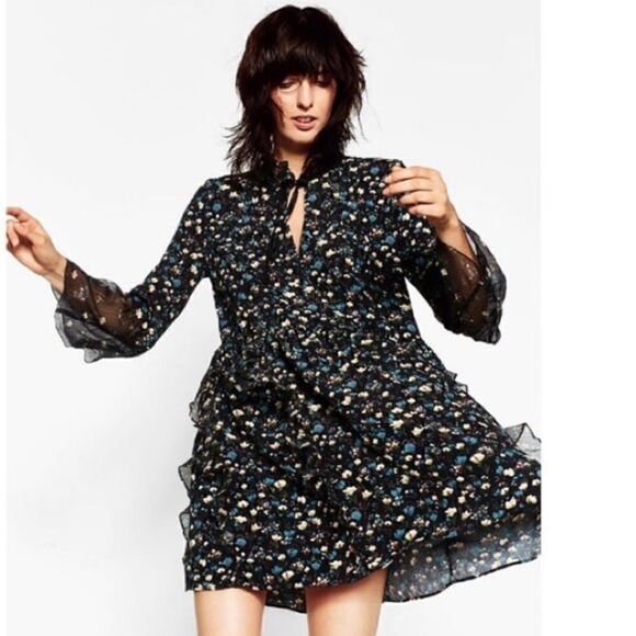 ZARA Floral Printed Lace Mini Long Sleeve Dress with Frills - Picture 2 of 11